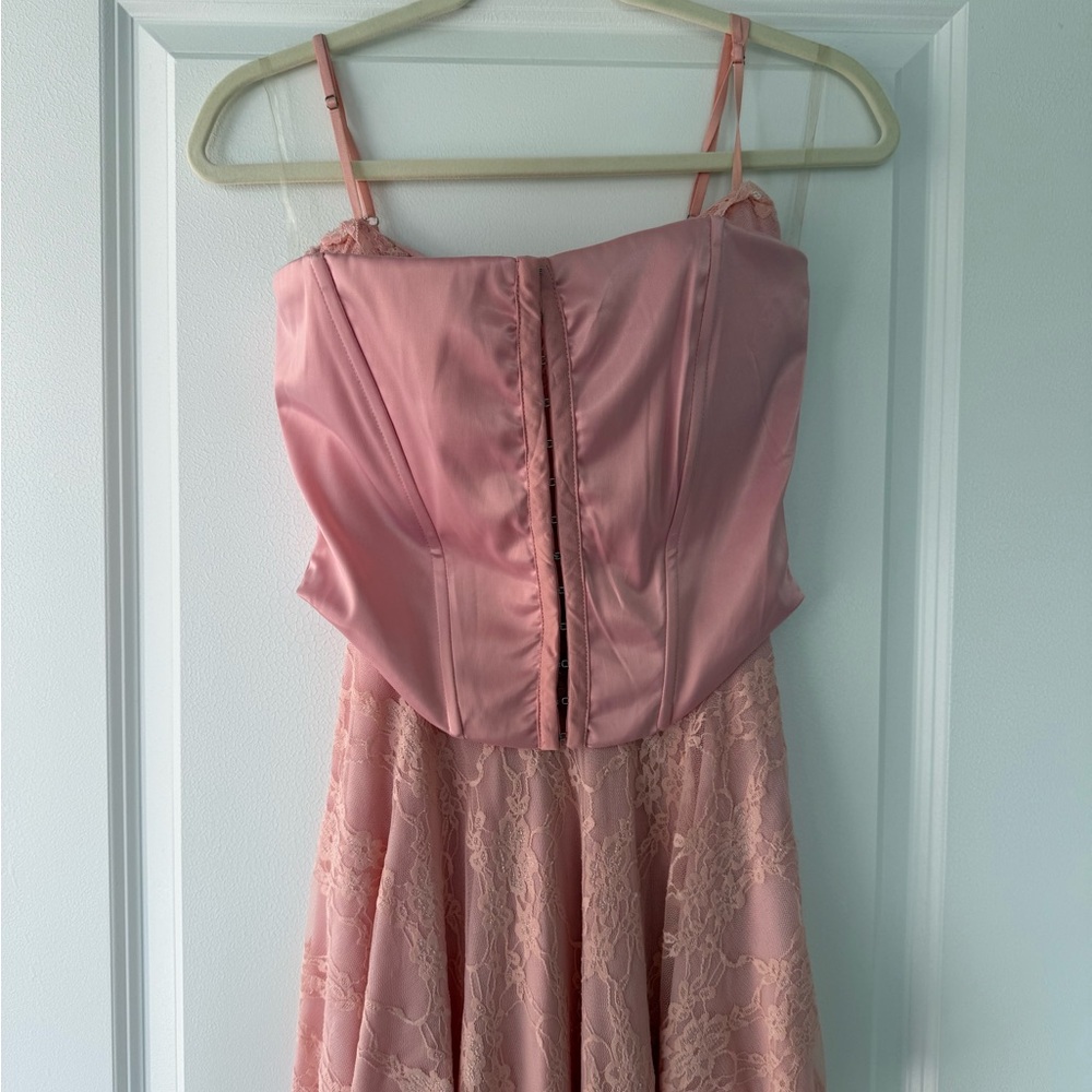 Pink Lace-Trim Mini Dress - Elegant Spaghetti Strap Style
